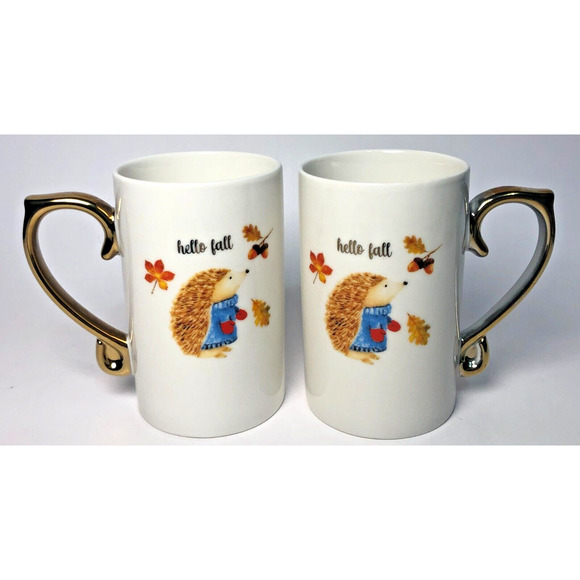 2 Harvest Green Studio Hedgehog Hello Fall Coffee Mugs Cups Gold Handles Cute - Picture 1 of 6